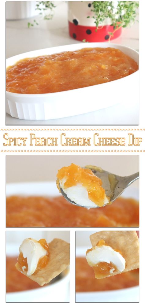 Spicy Peach Cream Cheese Dip • Color Your Recipes Jalapeño Peach Cream Cheese Dip, Cream Cheese And Apricot Preserves Dip, Apricot Cream Cheese Dip, Peach Jam Appetizer, Sweet And Spicy Cream Cheese Dip, Cream Cheese Jam Dip, Bagel Spread Recipes, Peach Dip, Peach Appetizer