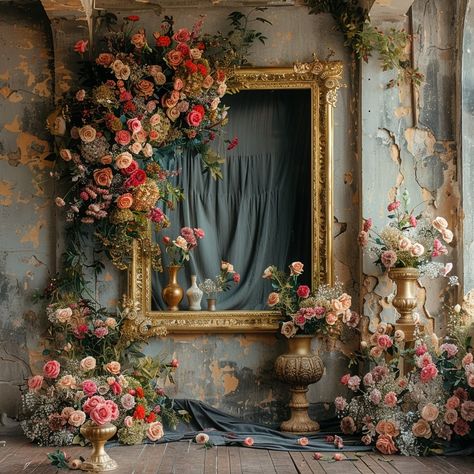 "Where time pauses, and beauty unfurls in every corner—welcome to the eternal bloom of an abandoned ballroom. 🥀🖤 #vintagecharm #abandonedbeauty #floralarrangement #roses #forgottenplaces #beautyindecay #floralart #elegantdecay #decayingbeauty #abandonedspaces #flowerstyling #lostplacesphotography #rosesareforever #antiqueaesthetic #floweroverload #nostalgicmoments #timelessbeauty #oldworldcharm #romanticdecay #floraldecor #moodyflorals #forgottenelegance #petalpoetry #rusticbeauty #decadentde... Abandoned Ballroom, Flower Photo Wall, Photo Props Diy, Enchanted Garden Wedding, Wedding Backdrop Design, Halloween Displays, Backdrop Design, Flower Display, April 21