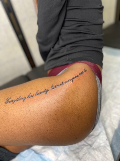 Script tattoo on thigh Thigh Script Tattoo, Small Thigh Tattoos, Thigh Tattoo Quotes, Tattoo On Thigh, Small Girly Tattoos, Script Tattoo, Thigh Tattoos, Pretty Tattoos For Women, Leg Tattoos Women