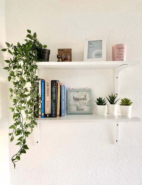 Hanging Shelves Ideas Bedroom, White Hanging Shelves Bedroom, Shelf With Hanging Plants, White Wall Shelves Bedroom, Shelves With Plants And Books, Shelve Inspo Aesthetic, Shelf Hanging Plants, Ikea Hanging Plant, Hanging Shelf With Plants