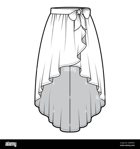 Download this stock vector: Skirt high low cascade wrap technical fashion illustration with semi-circular fullness, thick waistband. Flat bottom template front, white color style. Women, men, unisex CAD mockup - 2D89W5K from Alamy's library of millions of high resolution stock photos, illustrations and vectors. Circular Skirt Illustration, Fit Portfolio, Cascade Skirt, Clothing Templates, Flat Drawings, Flat Sketches, Clothing Design Sketches, Dress Sketches, Clothing Mockup