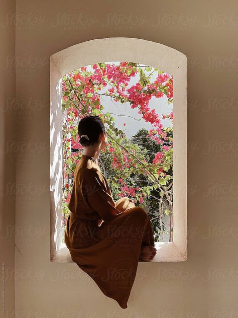 Beautiful young woman sitting on window and looking at pink flower bush. Aesthetic minimal concept. Flower Bush Aesthetic, Bush Aesthetic, Sitting On Window, Flower Bush, Woman Sitting, Photography Women, Young Woman, Pink Flower, Pink Flowers