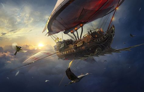 Wallpaper The sky, Clouds, Bird, Birds, Ship, The airship, Heaven, Pirate, Stork, Fantasy, Clouds, Sky, Birds, Fiction, Bird, Heaven images for desktop, section фант�астика - download Steampunk Wallpaper, Airship Art, Flying Ship, Steampunk Airship, Pirate Art, Fantasy City, Dungeons And Dragons Homebrew, Steampunk Art, Fantasy Art Landscapes