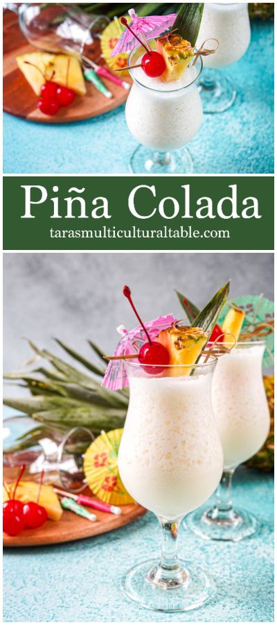 Piña Colada in two glasses with maraschino cherries, pineapple wedges, and paper umbrellas. Leftover Strawberries, Frozen Pina Colada, Creamy Cocktails, Pina Colada Recipe, Homemade Syrup, Tiki Cocktails, Beverage Recipes, Holiday Dessert Recipes, Summer Grilling Recipes