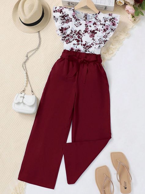 Burgundy Cute Collar   Floral,Plain  Embellished Non-Stretch  Tween Girls Clothing Cute Outfits For Kids 10-12 Girls Style, Cute Outfits For 10 Years Girl, Red And White Outfits, Tube Top Jumpsuit, Lace Dress Classy, Kids Blouse Designs, Color Pants