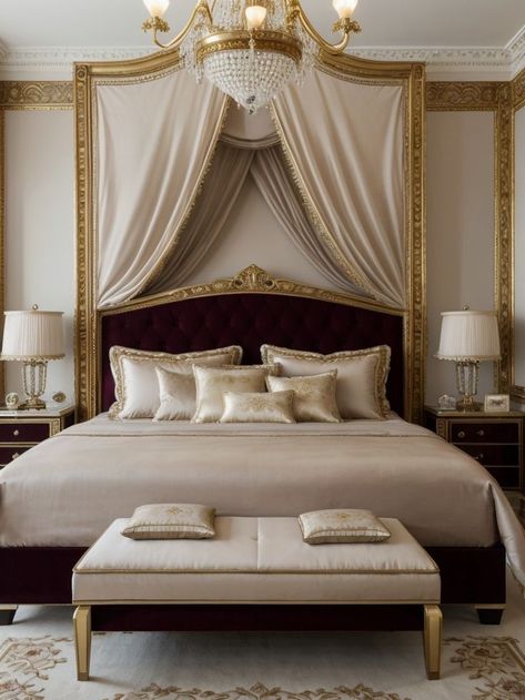 Royal Bedroom Aesthetic, Beige Headboard Bedroom, Royal Luxury Bedroom Design, Burgundy Bedroom Ideas, Gold Bed Frame, Burgundy Bedroom, Beige Headboard, Royal Bedroom, French Style Bedroom