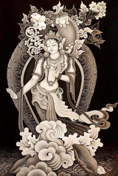 Modern Newar style thangka painting of Buddhist Goddess White Tara Newari Painting, Tibetan Thanka, Thangka Art, Buddhist Art Drawing, White Tara, Handmade Canvas, Buddha Painting, Thangka Painting, Tibetan Art