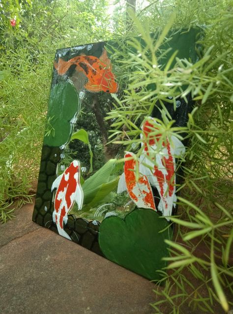 Koi Fish Mirror Painting, Fish Mirror, Mirror Paintings, Mirror Paint, Mirror Painting, Fishing Theme, Drawing Inspo, Fish Painting, Blouse Work