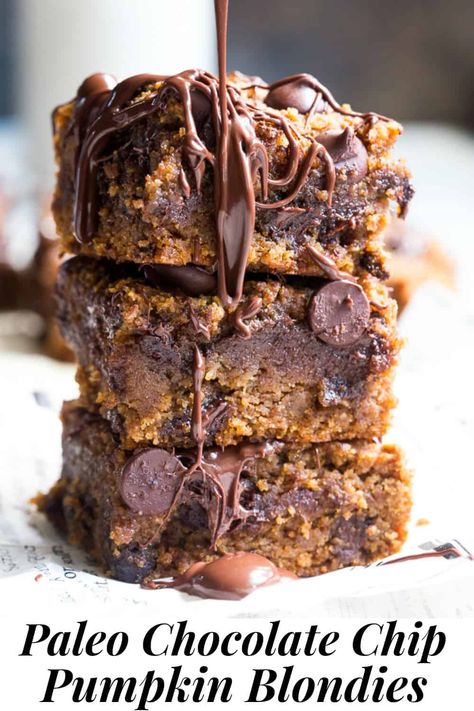 These fudgy Chocolate chip pumpkin blondies are a dream!  They're chewy, sweet, packed with chocolate and warm spices.  Family approved, perfect for fall baking or any time of year.  A great healthy dessert that's kid friendly and easy to make. These addicting pumpkin blondies are paleo, dairy-free, and gluten-free. #paleo #cleaneating #glutenfree #pumpkin