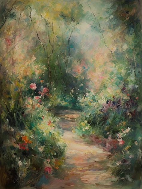 "\"A summer morning walk\" Bring the beauty of the French countryside into your home with this painting of a mysterious garden path in summer. This is a lovely Impressionist piece that would fit with both traditional and modern interiors.  DIGITAL FILE: Please note this is a digital painting and no physical product will be shipped. Once you have purchased your artwork, you will receive a confirmation email from Etsy with a download link. You can also access your downloads at any time under Purch Impressionist Digital Art, Vintage Paintings Aesthetic, Vintage Painting Ideas, Art Inspo Painting, Painting Inspo Aesthetic, French Countryside Aesthetic, Flower Garden Painting, Impressionist Paintings Landscape, Path Painting