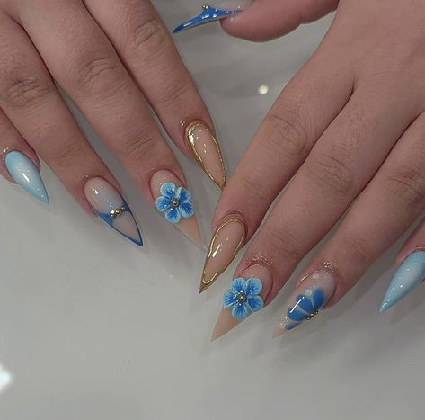 Blue Gel X Nails Almond, Almond Nails Bling, Yellow Almond Nails, Yellow And Blue Nails, Ombre Nail Art, Design For Birthday, Ombre Nail Art Designs, Acrylic Toe Nails, Ombre Nail