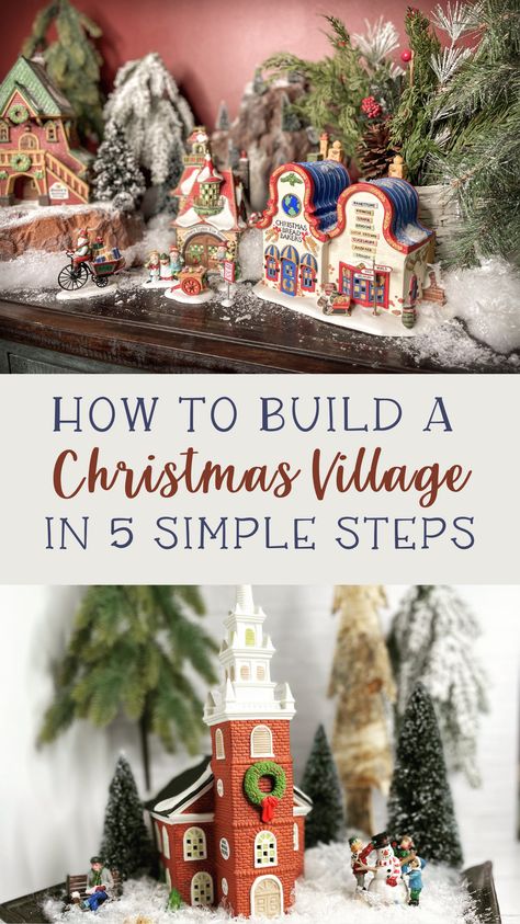 Dept 56 Dickens Village Display Ideas, How To Display Christmas Village Ideas, Small Christmas Village Display Ideas Diy, Small Christmas Village Display, Small Christmas Village, Diy Christmas Village Platform, Holiday Village Display, Christmas Tree Village Display, Diy Christmas Village Displays