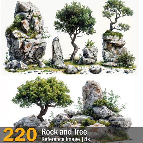 Rock and Tree | Reference Images | 8K ,  on ArtStation at https://www.artstation.com/artwork/qeqPaz Rocky Cliff Drawing, Tropical Bushes, Underground Castle, Tree In Desert, Tree Reference, Tree Model, Aquatic Garden, Hulk Art, Cartoon Trees