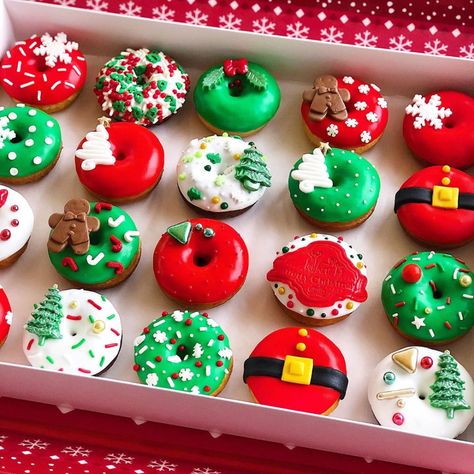 Donut Decorating Ideas, Fancy Donuts, Christmas Themed Cake, Christmas Donuts, Christmas Cake Pops, Mini Doughnuts, New Year's Cake, Delicious Donuts, Christmas Sweets