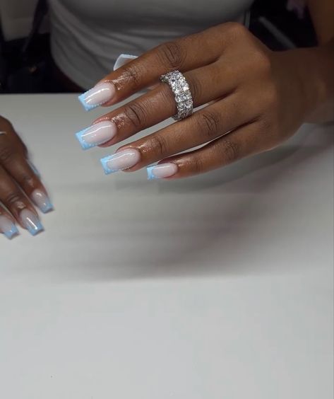 White Nail Blue French Tip, Icy Blue French Tip Nails, Short White And Blue Nails, White Nails Blue Design, Gel X Nails Blue, White And Blue French Tip, Short Blue French Tip Nails, Enid Nails, Milky White French Tip Nails