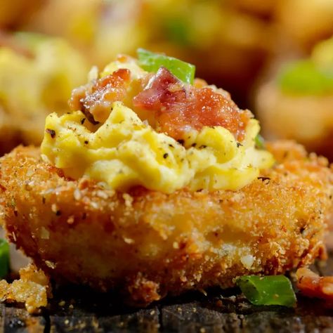 Fried Deviled Eggs | Foodtalk Deep Fried Deviled Eggs, Fried Deviled Eggs, Greek Seasoning, Panko Crumbs, Tomate Frito, Deviled Egg, Sweet Pickles, Crumbled Bacon, Cajun Seasoning