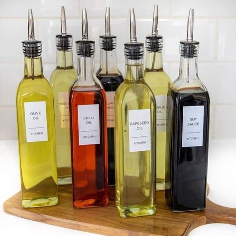 Oil Pourer, Kitchen Decor Collections, Pantry Jars, White Labels, Pantry Cupboard, Olive Oil Dispenser, Price Labels, Kitchen Jars, Oil Storage