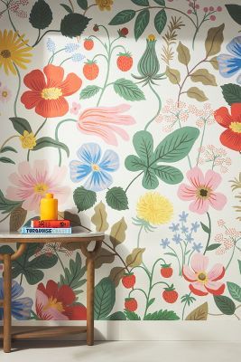 Rifle Paper Co. Strawberry Fields Mural | Anthropologie Childrens Mural Wallpaper, Mud Room With Wallpaper, Mural Wall Art Office, 2x2 Wall Design, Flower Wallpaper For Wall, Nursery Wallpaper Space, Flower Mural Kids Room, Large Floral Wall Mural, Painted On Wallpaper