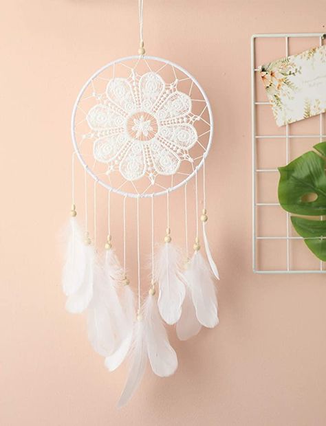 Lace Dream Catchers, Dream Catcher Mobile, Dream Catcher White, Handmade Hanging, Beautiful Symbols, Bedroom Crafts, White Feather, Hanging Decorations, White Feathers