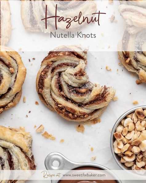 Four ingredient crunchy and soft puff pastry knots filled with Nutella and hazelnuts #puffpastry #nutella #hazelnut #knots Cinnamon Knots, Fresh Cherry Pie, Nutella Puff Pastry, Crumble Cookie Recipe, Plum Pie, Easy Puff Pastry, Nutella Spread, Hazelnut Spread, Fresh Cherries