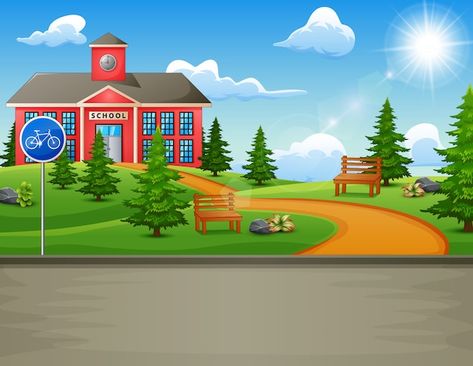 Vector school building with a beautiful ... | Premium Vector #Freepik #vector #cartoon-school #school-illustration #school-building #college-building School Background Landscape, Secenary Drawing, Preschool Classroom Themes, Cartoon Garden, School Background, Background Landscape, Photoshop Backgrounds Backdrops, House Cartoon, School Illustration