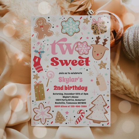 Christmas Cookie Two Sweet 2nd Birthday Party Invitation Four Ever Sweet Birthday Party, Four Year Old Birthday Theme, Four Ever Sweet Birthday, Two Sweet 2nd Birthday, Four Ever Sweet, Sweet One 1st Birthday, Winter Birthday Themes, Sweet Birthday Party, Winter Onederland Birthday