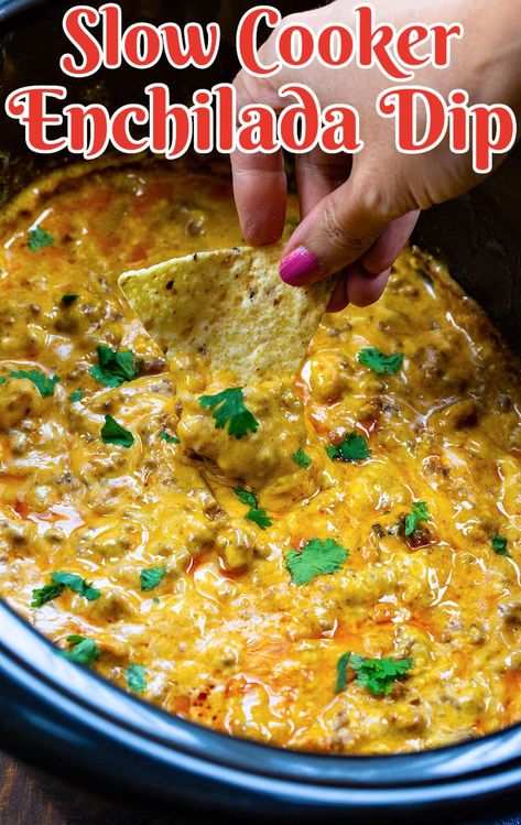 Enchilada Dip Recipe Crockpot, Beef Enchilada Dip Crockpot, Quick And Easy Crockpot Party Food, Mexican Potluck Ideas Slow Cooker, Cheesy Enchilada Dip, Crockpot Mexican Dip Recipes, Enchilada Dip Crockpot, Mexican Dip Crockpot, Chip Dip Recipes Crock Pot