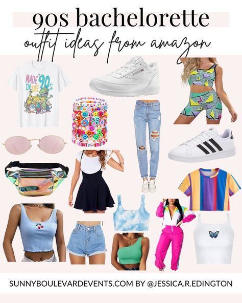 Planning a Bach to the 90s bachelorette party? I pulled together the best ideas for 90s bachelorette outfits for a 1990s throwback party. Featuring all the retro and nostalgic vibes, you can have a unique and fun 90s theme party with these Amazon finds! This pin includes 90s Party Outfit Ideas from AMAZON for a 30th birthday or 1990s throwback bachelorette party! Whether you are looking for a 90s windbreaker, 90s fashion ideas, colorful retro outfits, this pin is for you! 90s Themed 30th Birthday Party Outfit, 90s Bachelorette Party Outfit, 90s Birthday Party Theme Outfit, 90 Theme Party Outfit, 90s Fashion Outfits 1990s Party, 90s Theme Party Outfit Women, Colorful Retro Outfits, 90s Fashion Ideas, 90s Bachelorette Party