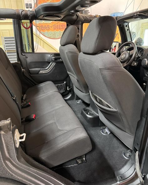 Floor done ✔️ Carpets in ✔️ Seats back in ✔️ Door handle appliqué ✔️ The big reveal soon for our Jeep Wrangler Raptor Liner project #jeep #raptorliner #wrangler #jk #jkwrangler Door Handles, In Door, Big Reveal, Wrangler Jk, Door Handle, Jeep Wrangler, Jeep