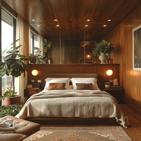 Moody Electric Bedroom, Cool Interior Design Bedroom, Bedroom With Walnut Floors, Brazilian Bedroom Aesthetic, Luxury Eclectic Bedroom Design, Mid Century Modern Primary Bedroom, Original Interior Design, Green Midcentury Bedroom, Mid Century Modern Bedroom Set