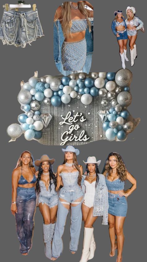 Denim Bachelorette Party, Denim Themed Party Outfit, Denim Themed Party, Denim Cowgirl Outfit, Denim And Diamonds Party Outfit, Nashville Bachelorette Party Outfit, Bachelorette Outfit Themes, Denim Cowgirl, Bachelorette Inspo