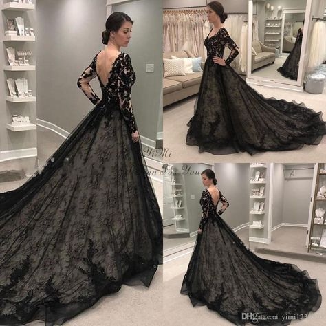 Discount Black Gothic Wedding Dresses 2019 Long Sleeve V Neck Backless Sweep Train Lace Illusion Bodice Garden Country Chapel Bridal Gowns Wedding Dress Buy Online Wedding Dress Online Shopping From Yimi1230520, $172.78| DHgate.Com Black Wedding Dress Elegant Long Sleeve, Vintage Gothic Wedding Dress, Black Wedding Dress With Sleeves, Black Gothic Wedding, Gothic Wedding Dresses, Vampire Oc, Country Bridal Gown, Black Lace Wedding Dress, Black Wedding Dress Gothic