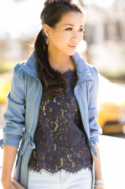 lace and denim. love it Lace Blouse Outfit, Lace Top Outfit, Color Duos, Blue Lace Blouse, Wendy's Lookbook, Nyc Style, Casual Hairstyles, Navy Lace, Casual Lace