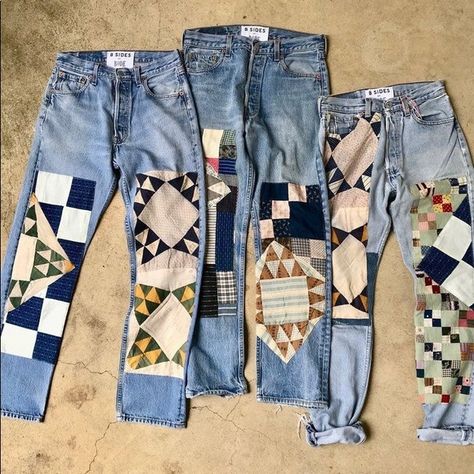 Where To Put Patches, Patched Jeans Diy, Black Bell Bottom Jeans, Ropa Upcycling, Dressy Jeans, Clothing Crafts, Upcycle Clothes Diy, Quilted Clothes, Upcycle Sewing