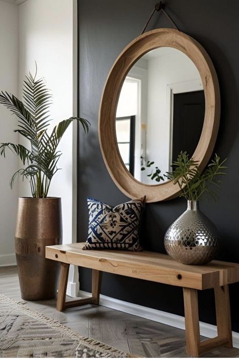 Home Foyer Ideas Entryway Modern, Entry With Round Mirror, Entryway Ideas Boho Modern, Elegant Small Entryway Ideas, Entry Bench And Mirror, Entryway Must Haves, Modern Organic Entryway Ideas, Foyer With Bench Entryway, Bench And Mirror Entryway