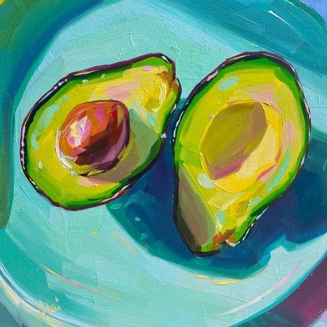 Painting On Wooden Board, Avocado Painting, Vegetable Painting, Abstract Painting Diy, Colorful Oil Painting, Blue Plate, Gouache Art, Artist Sketchbook, Fruit Art