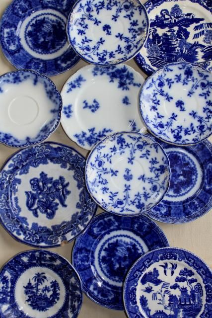 antique vintage flow blue & white china, instant collection of 12 plates saucers Vintage China Patterns, Blue White China, Flow Blue China, Blue And White Dinnerware, Blue Dishes, Blue Dinnerware, Blue White Decor, Vintage Blue And White, White Dinnerware