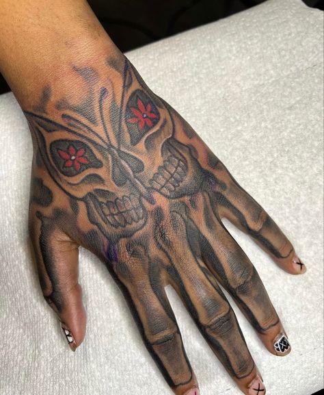 Butterfly Hand Tattoo For Women Black, Skeleton Hand Tattoos Black Women, Hand Tatts Skeleton, Butterfly Skeleton Hand Tattoo, Skelton Hand Tattoo Girl, Female Skull Hand Tattoo, Skelton And Hand Tattoo, Butterfly Skull Hand Tattoo, Thug Tattoos For Women Hand