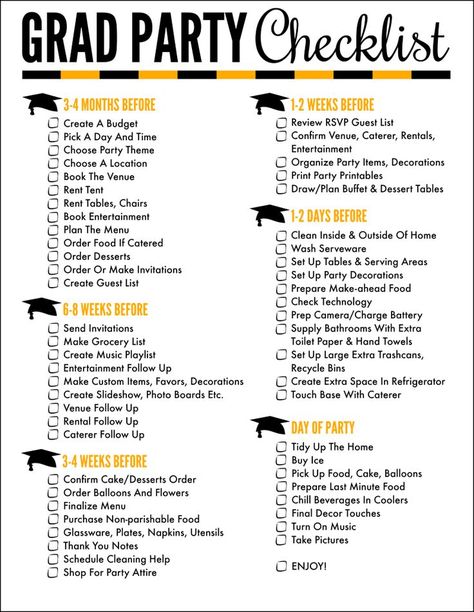 Free Printable Graduation Party Checklist pdf - a great help to planning any graduation party! OHMY-CREATIVE.COM | Graduation Party Ideas | How to plan a graduation party at home | High School Graduation Checklist | Graduation Party Planning Tips Grad Advice Ideas, Graduation List Things To Do, Grad Open House Ideas, Winter Grad Party Ideas, Graduation Party Male, Drinks For Graduation Party, Grad Party Entertainment Ideas, Masculine Graduation Party, Highschool Grad Party Ideas