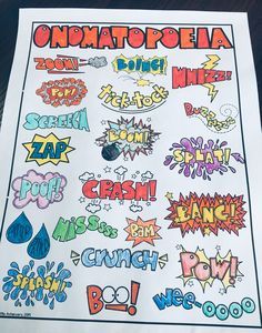 Onomatopoeia Drawing, Onomatopoeia Worksheets, Onomatopoeia Activities, Teaching Language, Write A Story, 2nd Grade Writing, Card Stock Paper, Reading Anchor Charts, 6th Grade Art