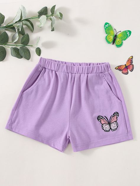 Toddler Girl Shorts, Girl Shorts, Birthday Inspo, Pj Shorts, Purple Shorts, Embroidered Shorts, Comfy Shorts, Purple Butterfly, Girl Clothes