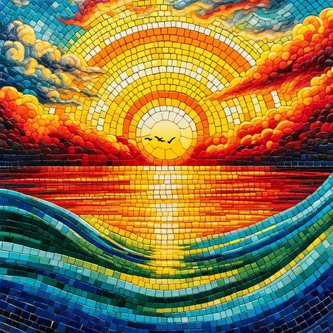 #sunset #mosaic #artprint Mosaic Sky Ideas, Mosaic Mountains Ideas, Digital Mosaic Art, Mosaic Sunset Over Water, Sunset Mosaic Art, Mosaic Landscapes Ideas, Mosaic Ideas Beginner, Mosaic Artwork Ideas, Mushroom Mosaic