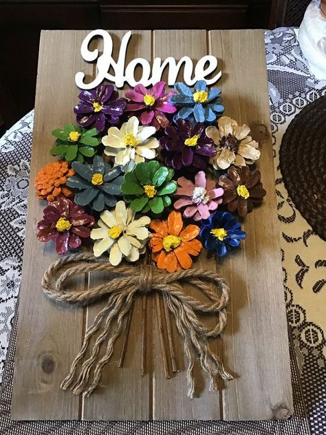 Pine Cone Ideas, Pine Cone Flower, Pinecone Wreaths, Pinecone Art, Pine Cone Flower Wreath, Pine Cone Flowers, Pinecone Flowers, Flower Wall Art Decor, Pinecone Crafts Christmas