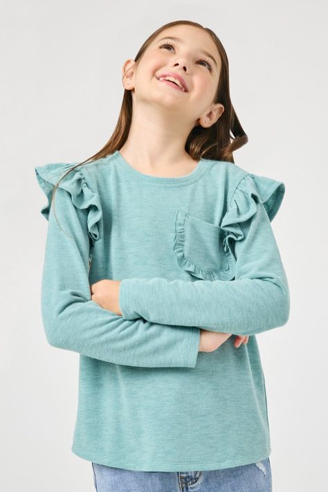 Girls' Long Sleeve Shirts and Tops - Hayden Girls Mock Neck And T Shirt, Lantern Sleeve Top, Girl Silhouette, Ruffle Long Sleeve, Long Sleeve Kids, Striped Turtleneck, Long Sleeve Knit Tops, Girls Long Sleeve, Striped Knit