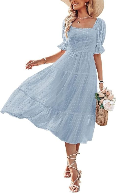 MEROKEETY Women's 2024 Summer Square Neck Puff Sleeve Boho Midi Dress Swiss Dot Ruffle Flowy Tie Back Dress at Amazon Women’s Clothing store 2023 Lookbook, Long Chiffon Dress, Easter 2023, Backless Dress Summer, Chiffon Summer Dress, Tie Back Dress, Boho Midi Dress, Chiffon Dress Long, Short Summer Dresses