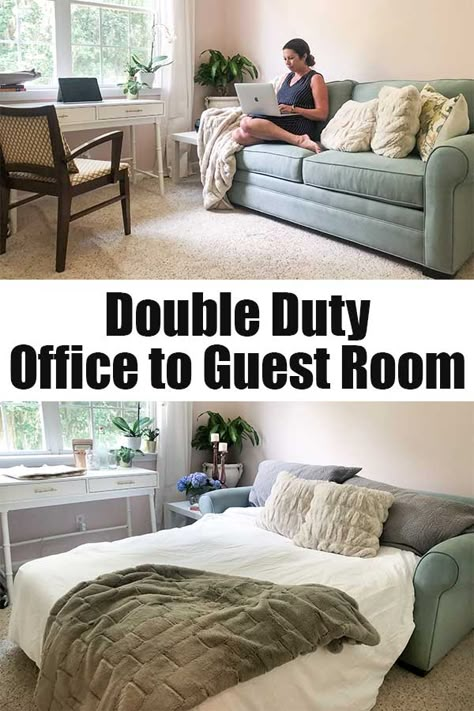 Have your space do double duty with a sleeper sofa that transforms a cozy office into a guest room in minutes! Home Office Room Ideas, Home Office With Sofa, Home Office With Couch, Guest Bedroom Office Combo, Office Room Ideas, Home Office Guest Room Combo, Bedroom Office Combo, Studio In Casa, Guest Room Office Combo