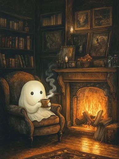 ↑↑↑ Larger size on website 🔸 A white ghost sits in a brown armchair by a roaring fireplace. The ghost is holding a steaming cup o Halloween Kunst, Art Mignon, Ghost Design, Autumn Art, Fete Halloween, Fall Wallpaper, Unique Wall Art, Cute Ghost, Halloween Art