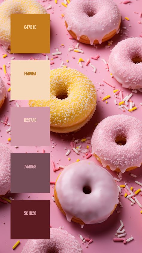 Colors:
C47B1E
F5D9BA
D297A6
744D58
5C1B20 Colour Palette Aesthetic Pastel, Donut Color Palette, Color Thesaurus, Monochromatic Pink, Pink Doughnuts, Dessert Treats, Hex Color Palette, Sugar Glaze, Pink Backdrop