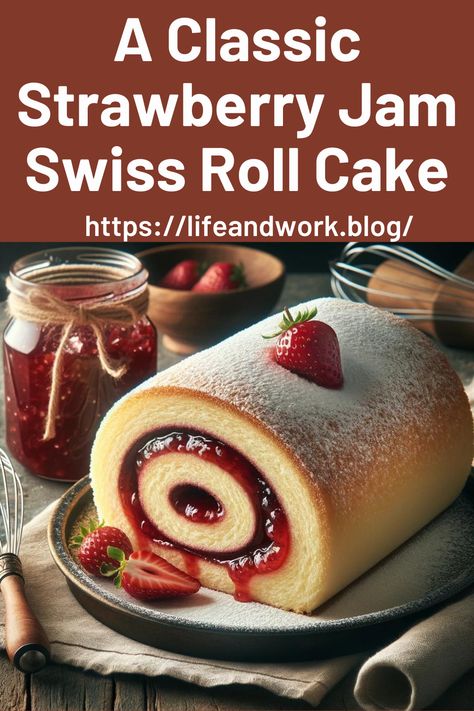 A Classic Strawberry Jam Swiss Roll Cake Jam Swiss Roll Recipe, Strawberry Jam Roll Cake, Jelly Roll Sponge Cake Recipe, Strawberry Swiss Roll Cake, Strawberry Jelly Roll Cake, Jam Roll Recipe, Swiss Roll Cake Recipe Easy, Strawberry Swiss Roll Cake Recipe, Jelly Roll Cake Recipe