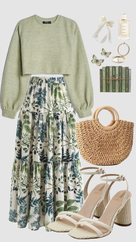 #churchoutfit #sweater #skirt #longskirt #beauty #spring #summer #sagegreen #greenaesthetic #outfit #modestfashion #easter #earthy #ootd Modesty Outfits, Cute Modest Outfits, Everyday Fashion Outfits, Neue Outfits, Church Outfits, Modest Fashion Outfits, Really Cute Outfits, Girly Outfits, Casual Style Outfits